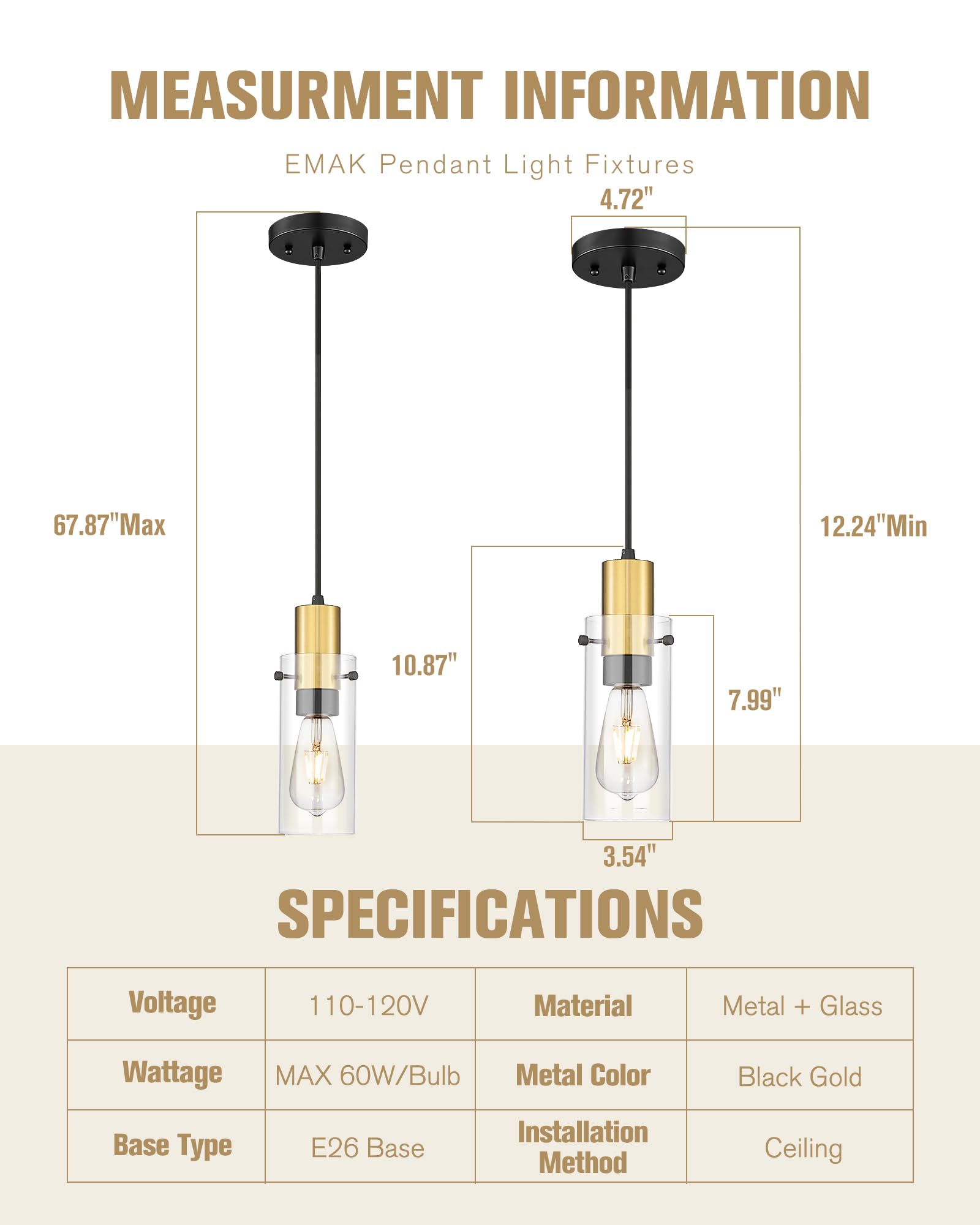 Emak 2 Pack Black Gold Pendant Light, Modern Farmhouse Pendant Lights Kitchen Island With Clear Glass Shade, Mini Hanging Lights
