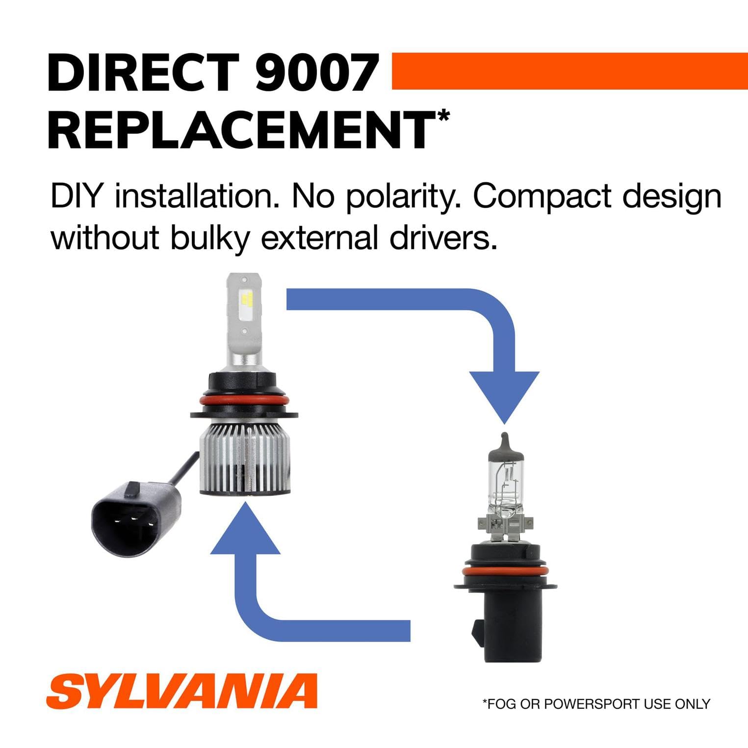 SYLVANIA 9007 LED Fog Light Bulbs - 6000K Cool White, Long-Lasting, No Polarity, DIY Upgrade for Cars and Trucks