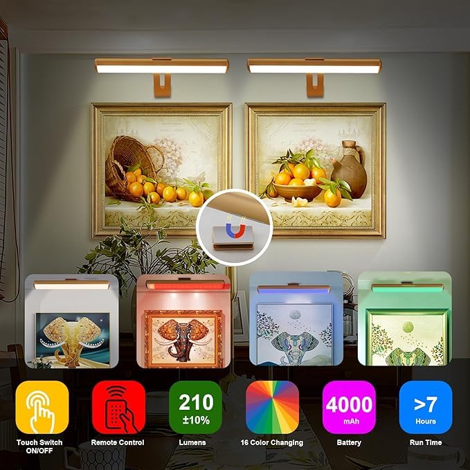 ZOCALOK Picture Light with Remote, 48 LED, 16 Color Changing, Battery Operated, Gold, 2-Pack, Model Z24-PL-16C-Gold-2