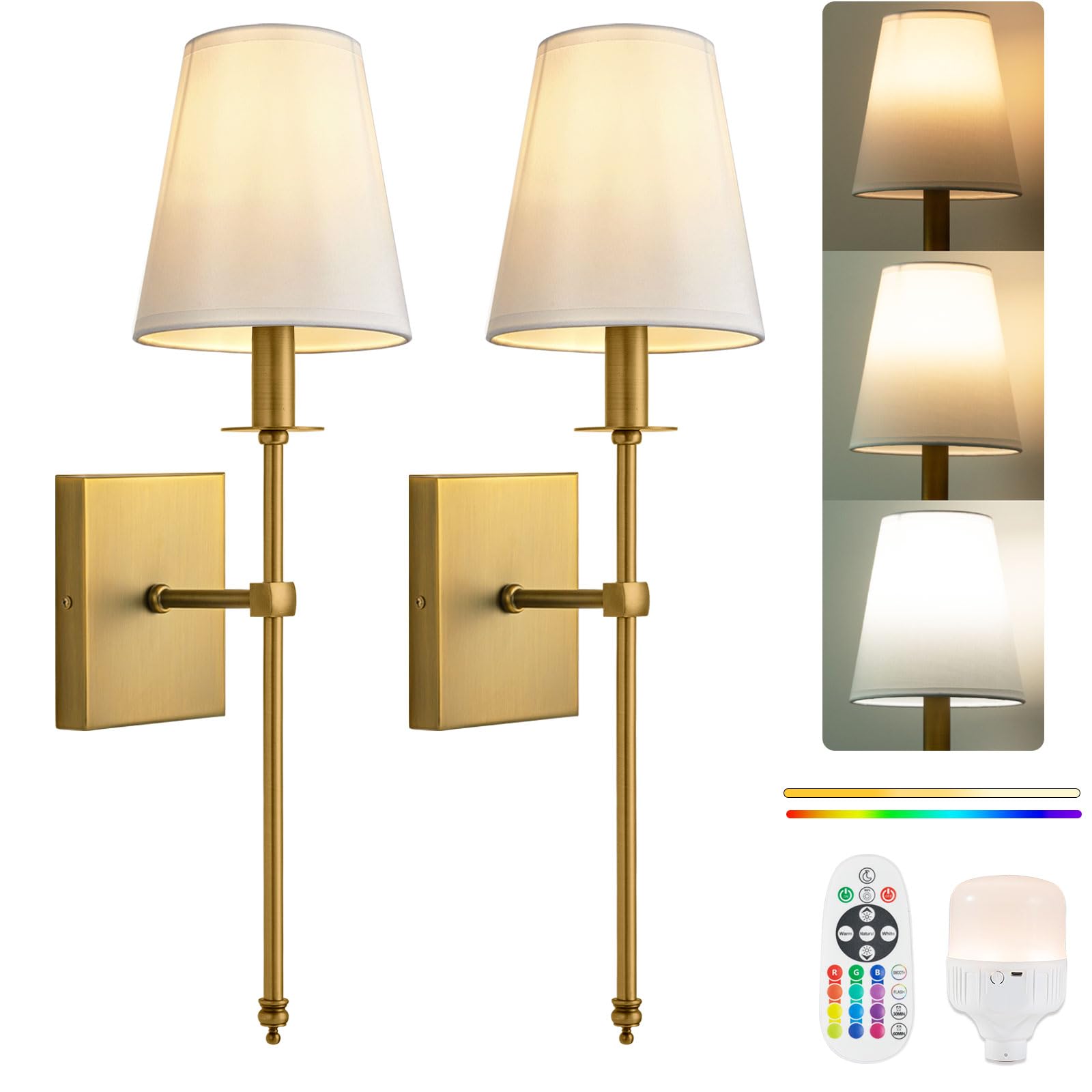 Passica Decor Battery Operated Wall Sconces Set Of 2 Two, Rechargeable Wall Lights With Dimmable Detachable Light Bulb, Remote Control, Lamp Fixture For Bedroom Living Hallway