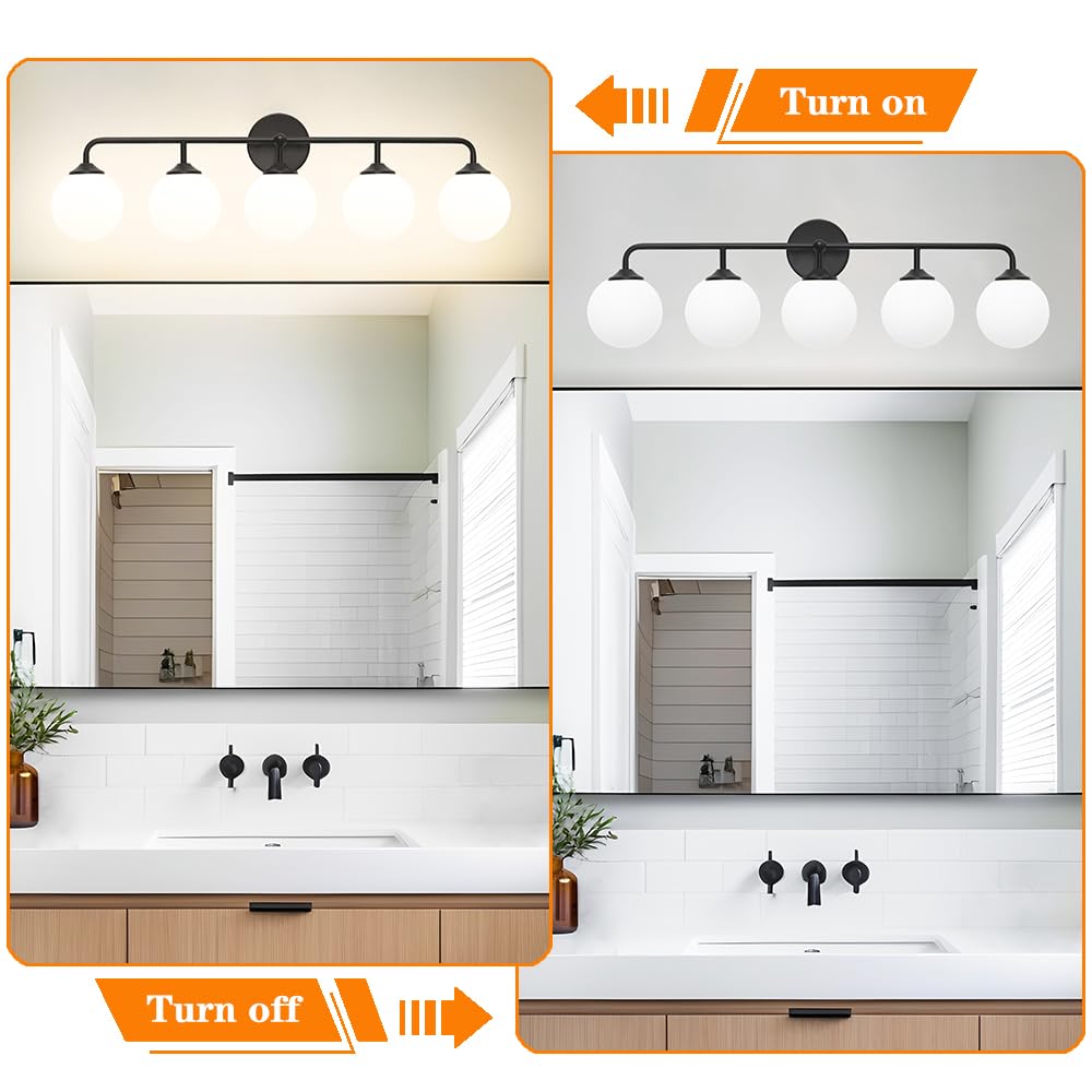 Dsmjfu Dsmjfu Modern Matte Black 5-Lights Bathroom Vanity Light  Lighting Fixtures Over Mirror With Milky White Glass Ball Shades  Wall Sconces For Bathroom Dressing Table Bedroom