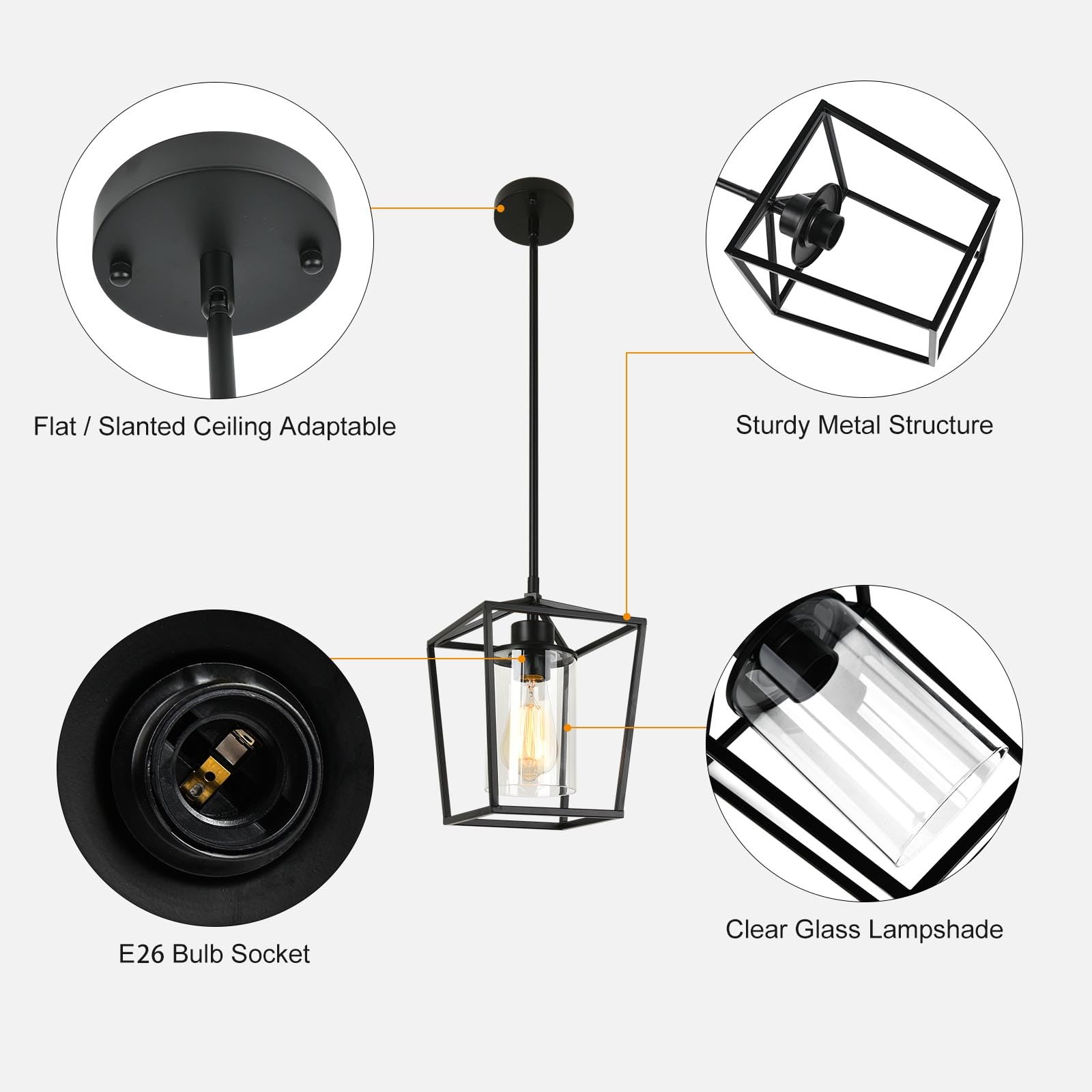 Gzjunyo 1-Light Black Pendant Light Fixture Farmhouse Iron Cage Metal Pendant Light Lantern Hanging Light Fixtures With Clear Glass Shade For Kitchen Island, Entryway, Dining Room, Hallway