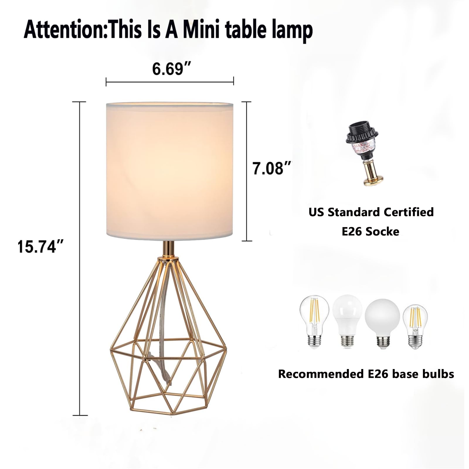 Sottae Gold Table Lamps Set Of 2, Small Gold End Table Lamp With White Fabric Shade,Bedside Nightstand Lamp With Geometric Metal