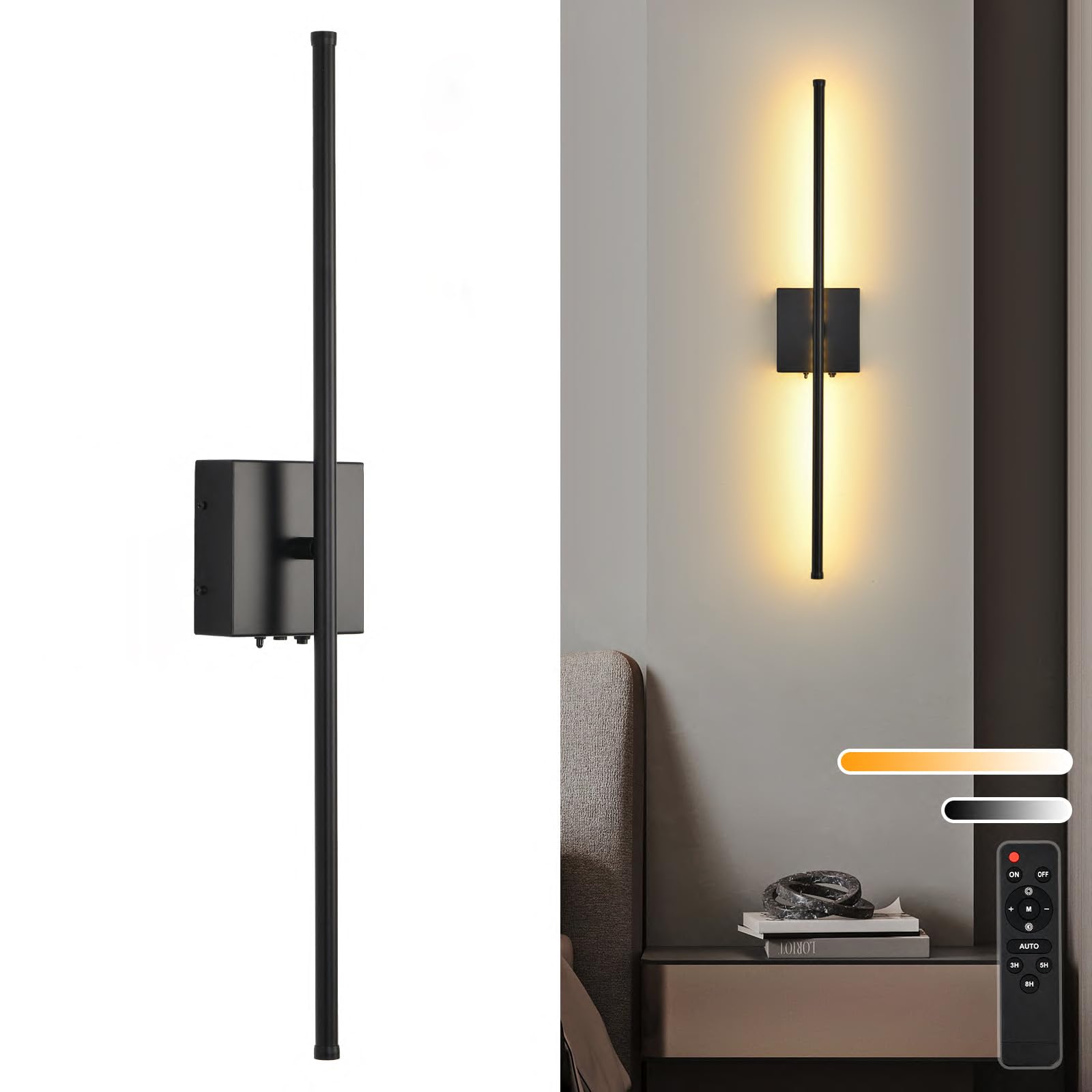 KELUOLY Battery Operated Wall Sconce, LED Rechargeable, 350° Rotate, 3 Color Temperatures, 1 Pack, Black, Model XY-Y3128-H70-