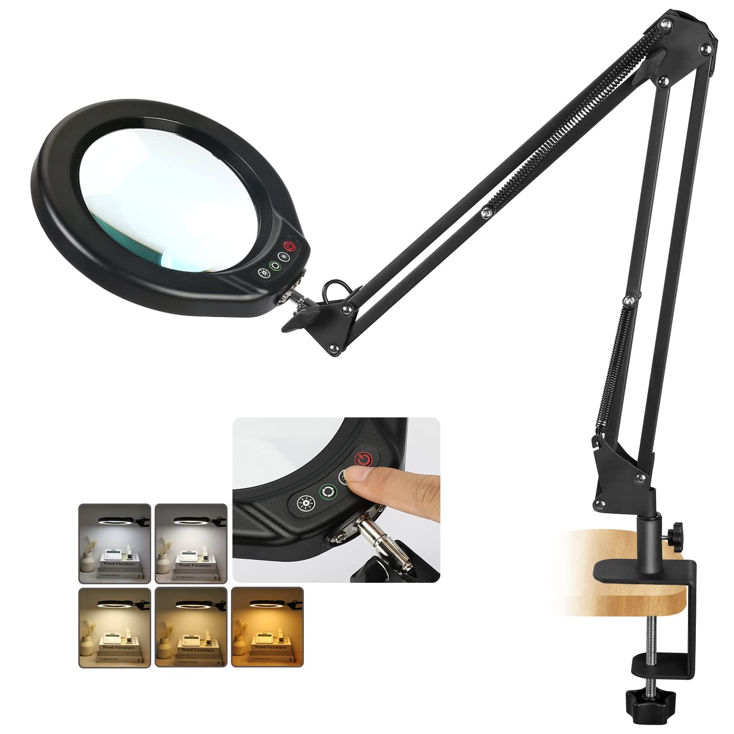 Veemagni 5 Led Magnifying Glass With Light, 8X Real Glass, Black, Model Z5-018, Stepless Dimmable, Hands-Free Clamp Desk Lamp
