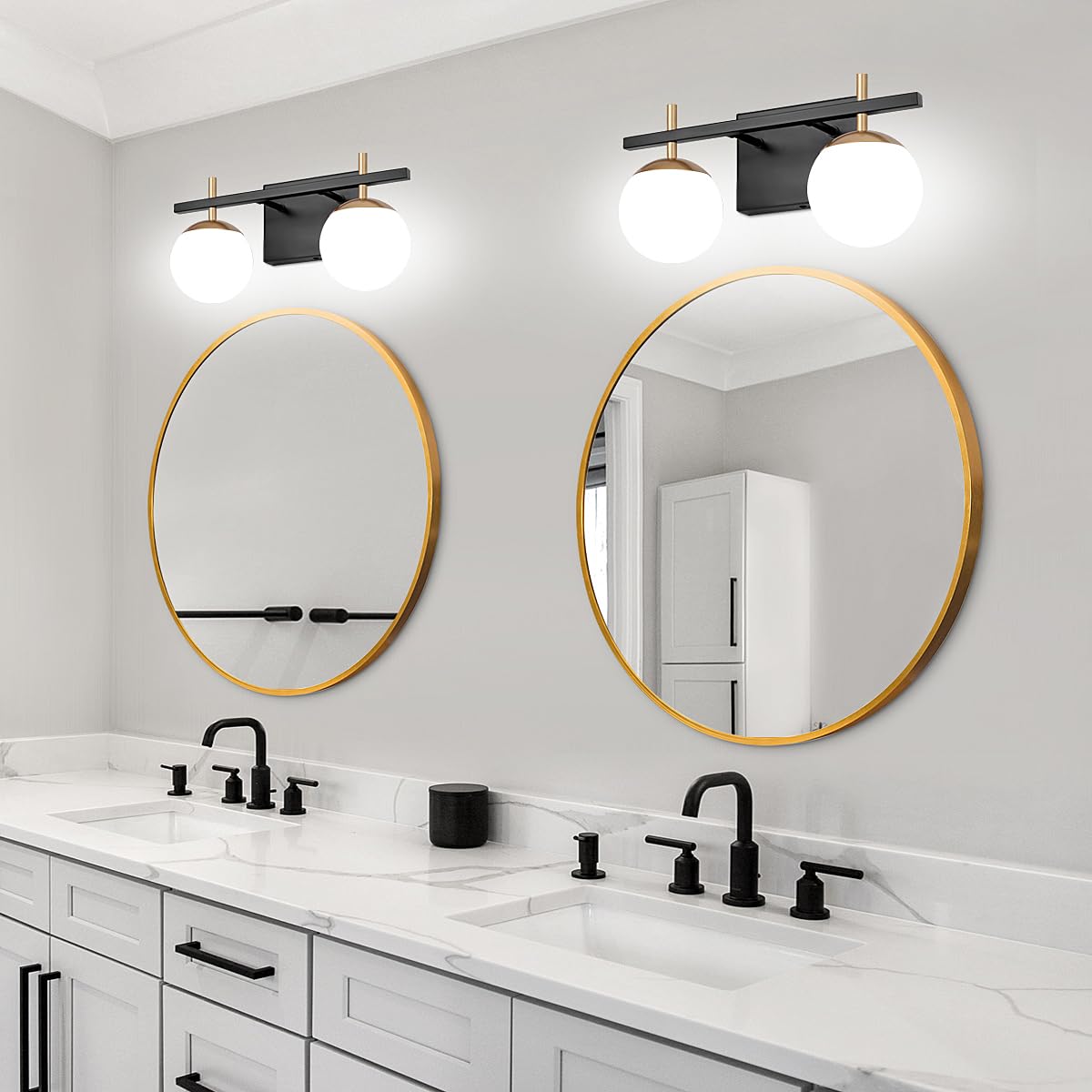ZSMIHDOH 2-Light Bathroom Vanity Light Fixtures, Black & Gold Metal Over Mirror Lighting, GVL0123, Milky Glass Globe Design