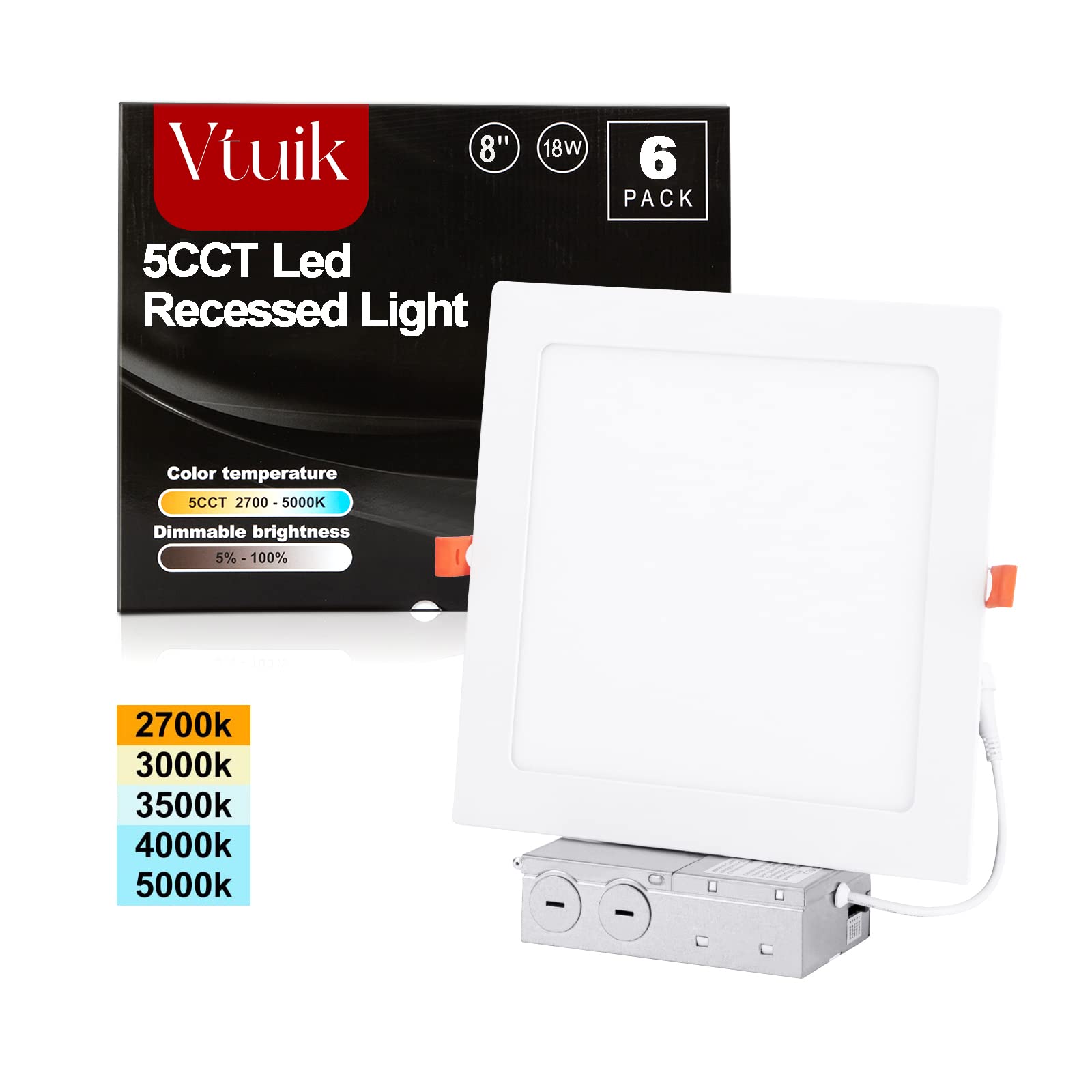 Vtuik 8 Inch 6 Pack 18W Dimmable Square Led Can Light Retrofit With Junction Box, 1440Lm/Cri85 Ultra Thin Led Downlight 5Cct 2700K-5000K Adjustable With A Simple Switch Ic Rated,Etl Certified