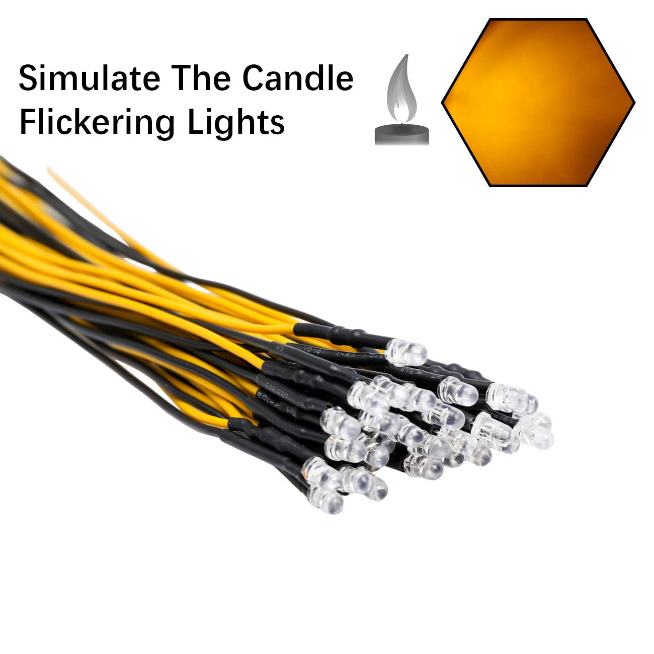 EDGELEC 30pcs 12V Yellow Flicker LED Lights, Pre-Wired, 3mm, Clear Lens, Candle Flickering Effect