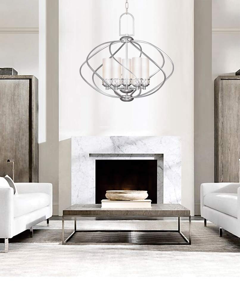 Livex Lighting Chandelier with Hand Blown Satin White Glass Shades, 25inL x 25inW x 24.5inH, Brushed Nickel, Model 4725-91