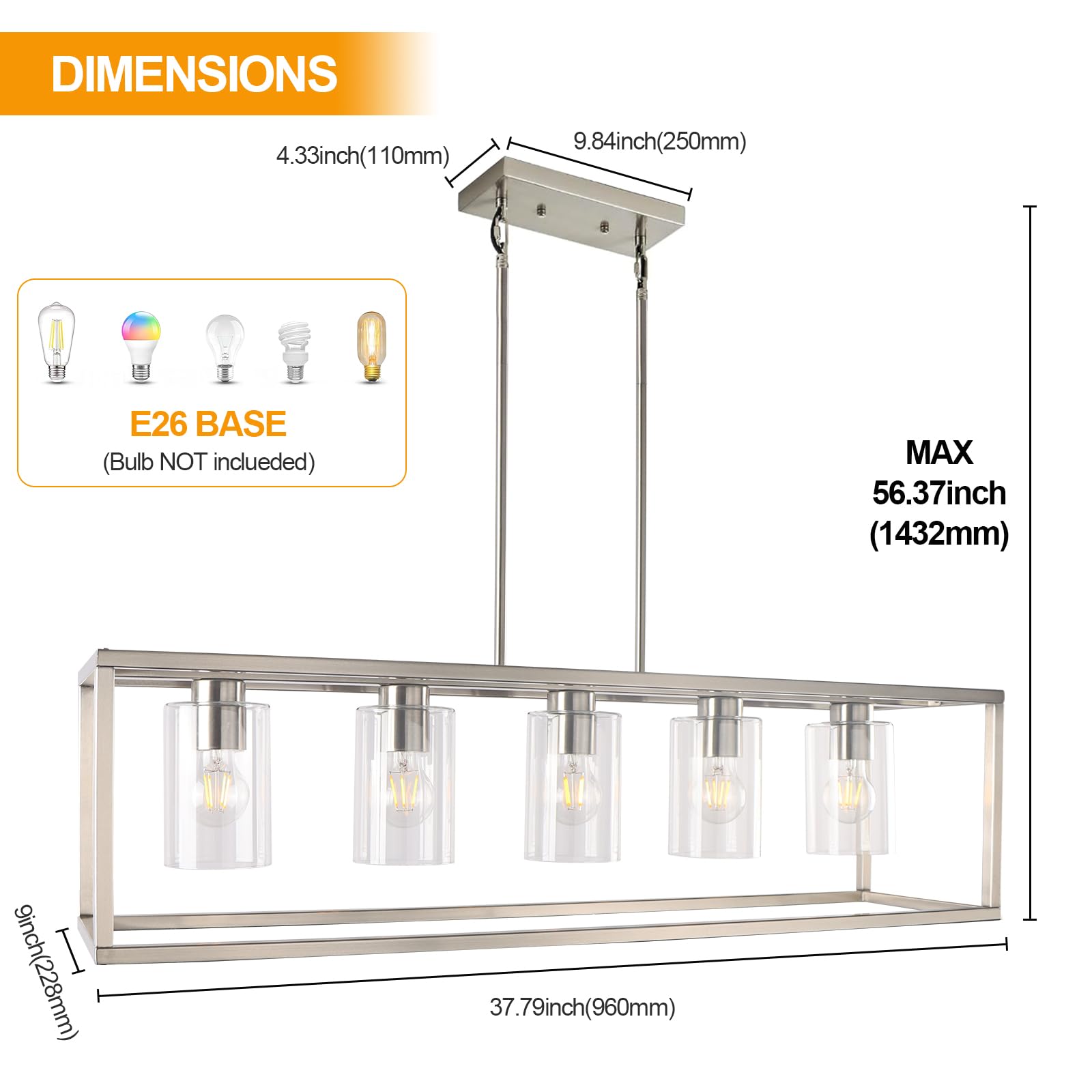 Kalium 5-Light Chandelier Pendant Light Fixture - Modern Metal Industrial Design, Silver Finish, Easy Installation for Dining Room & Kitchen