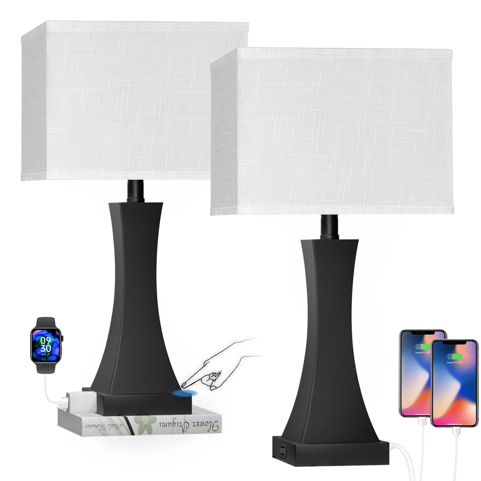 OYedis Set of 2 Touch Control Table Lamps 21.6 3-Way Dimmable Bedside Nightstand Lamp with Type C/USB Charging Port & Outlet Desk Lamp for Living Room Bedroom Office and Hotel Bulb Included