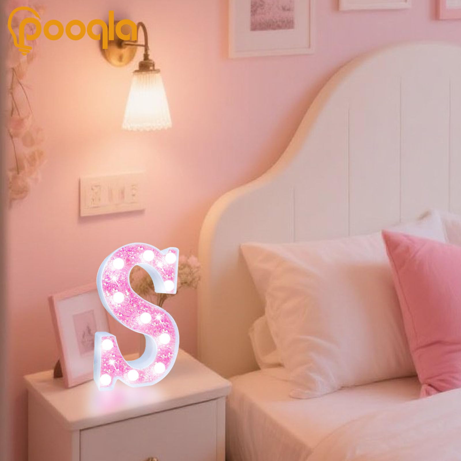 Pooqla Led Marquee Letter Lights  Light Up Letters Glitter Letter Sign Girls Gift  Battery Powered Night Light Pink Birthday Party Room Wedding Christmas Girls Bedroom Dorm Decoration  Cool White W
