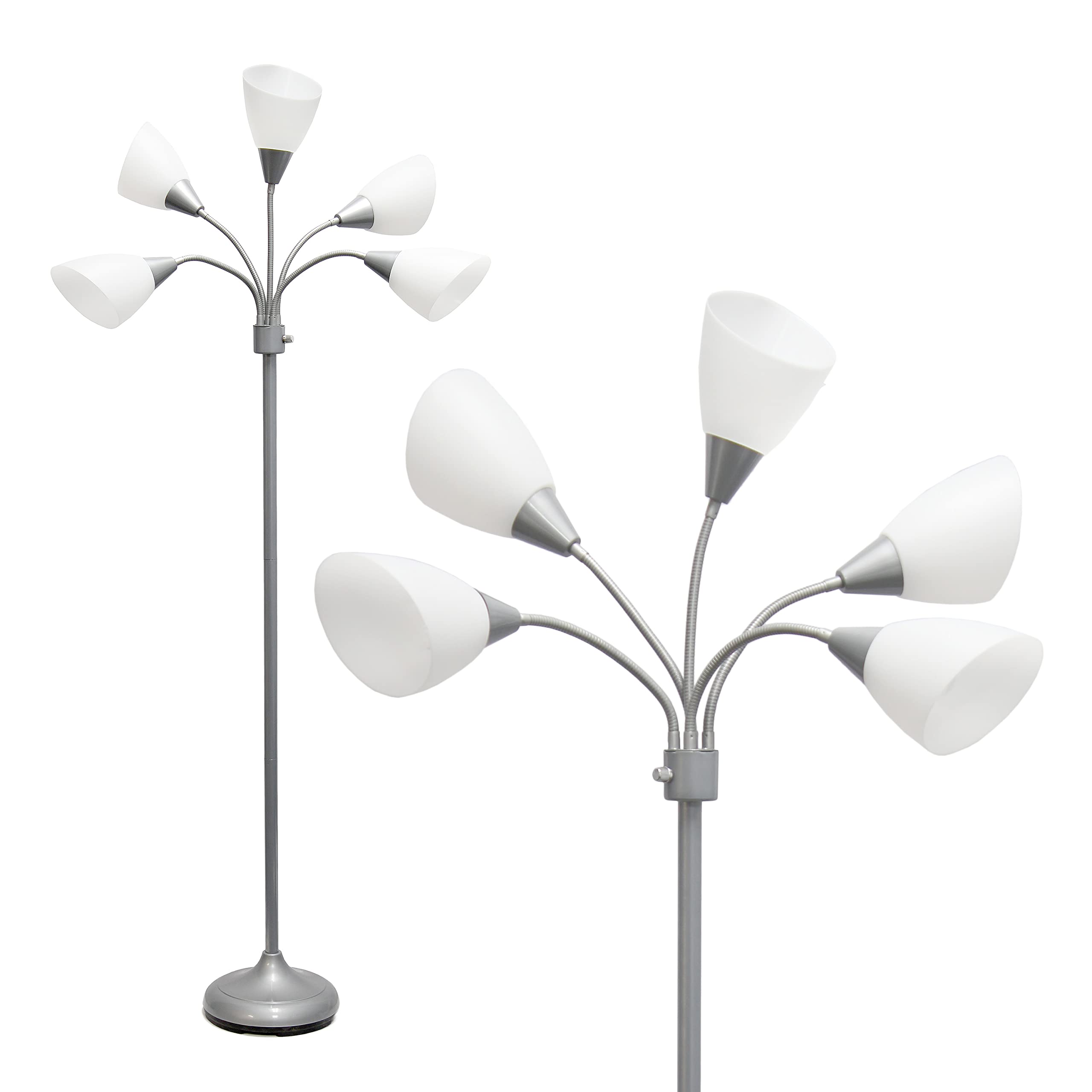 Simple Designs Lf2006-Svw 67&quot; Contemporary Multi Head Medusa 5 Light Adjustable Gooseneck Silver Floor Lamp With White Shades For Kids Bedroom Playroom Living Room Office