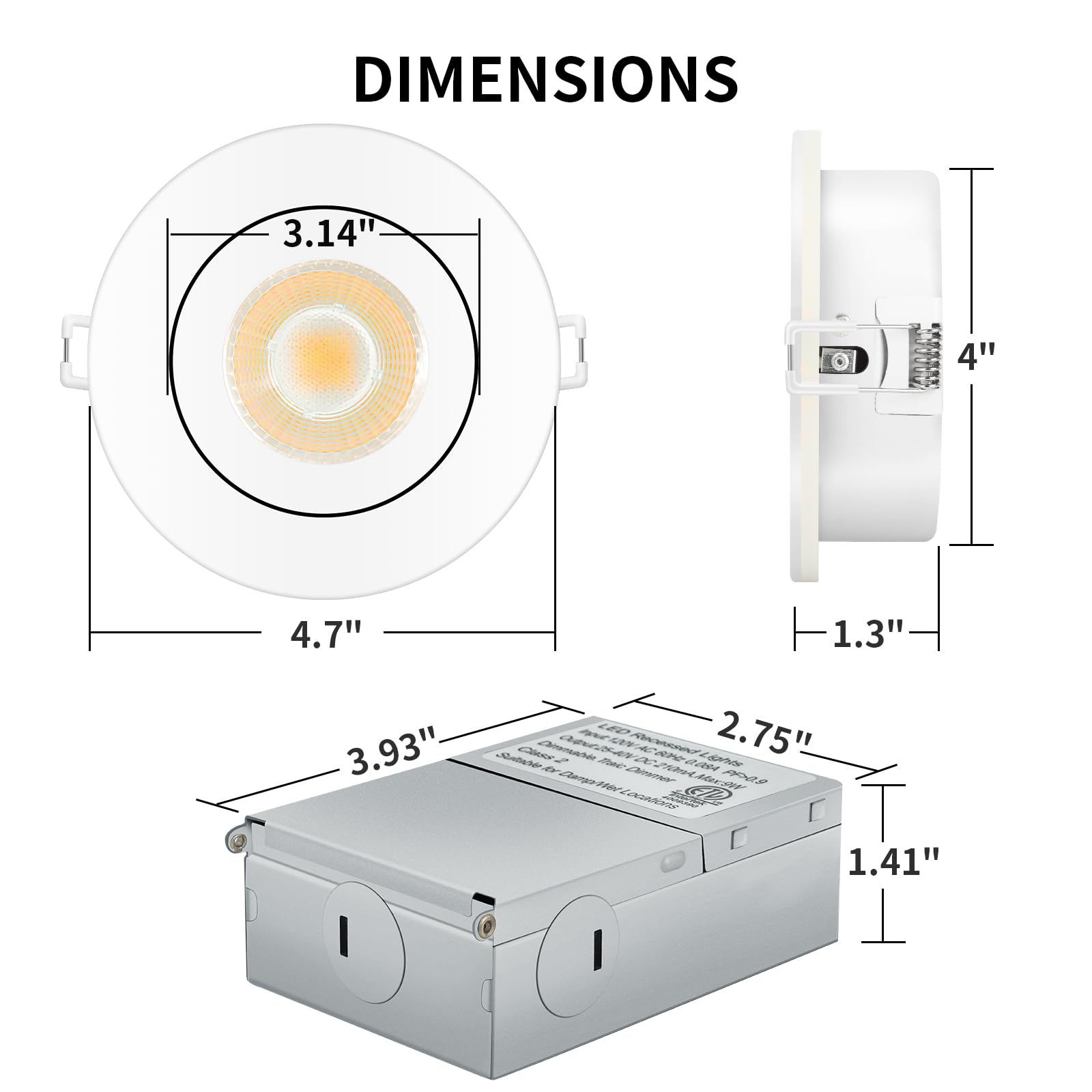 KnLnny Ware 4 Inch Indoor Spot Lights with Night Light, 9W 750LM Dimmable, Aluminum, ETL Listed, White, Model Light2025001-NL
