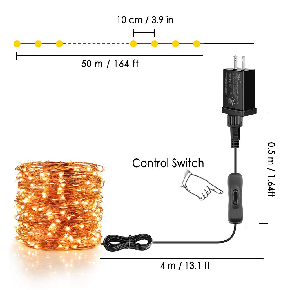 Moobibear Ultra Long LED String Lights, 500 LEDs Copper Wire, Warm White, 164ft Fairy Lights with Plug and Switch