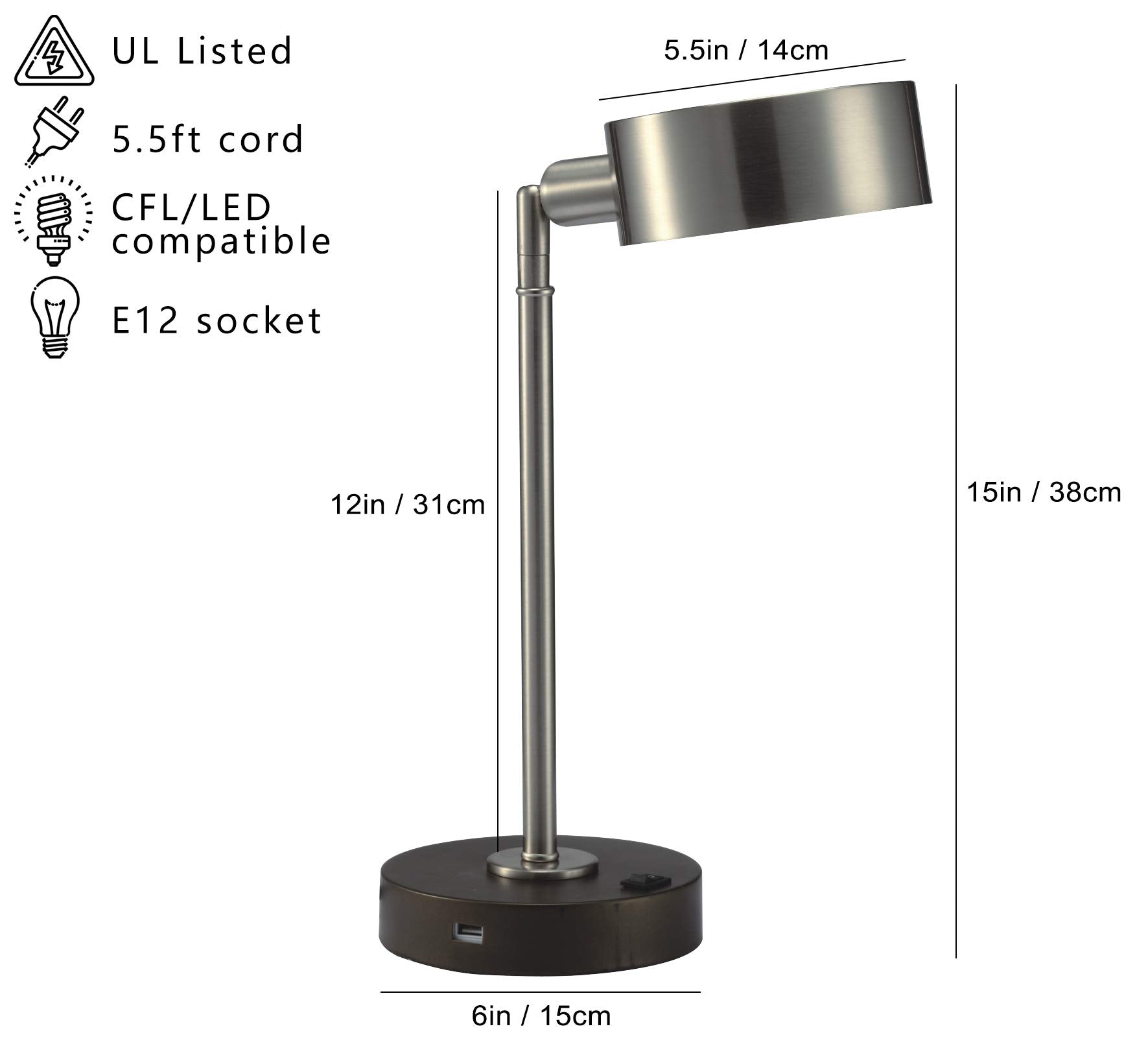 SH Lighting Modern Adjustable Task Table Desk Lamp - Pivoting Shade, Silver, Model 3838SN