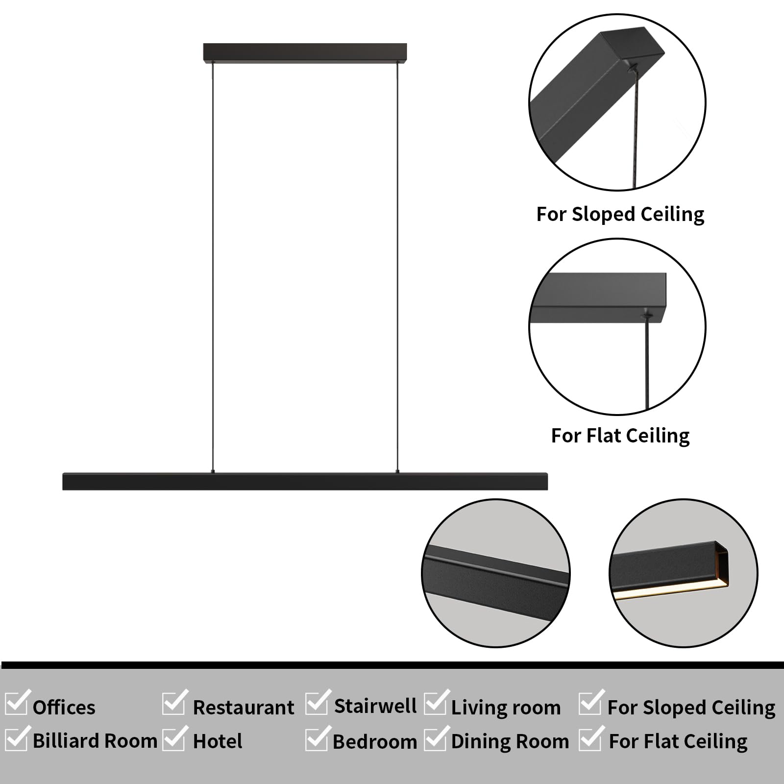 Zihoi Modern Ceiling Pendant Light 47In Led Black Linear Ceiling Chandelier Light Dining Room Living Room Warm & Cool  Neutral Light Aluminum Island Lighting Hanging Pendant Light For Kitchen