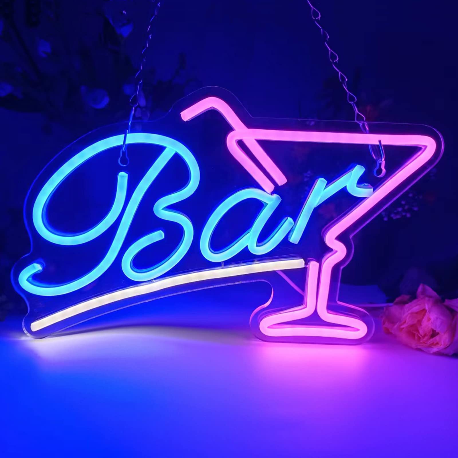 Pedaiah Bar Neon Sign - Acrylic LED Sign with Hanging Chain, USB Powered, 14.96x9.06 inches, Warm White Blue and Red