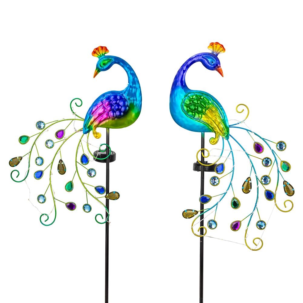 Dreamsoul 2 Pack Peacock Solar Lights Outdoor, Waterproof Metal Peacock Outdoor Solar Lights For Yards Pathway Lawn Decoration P