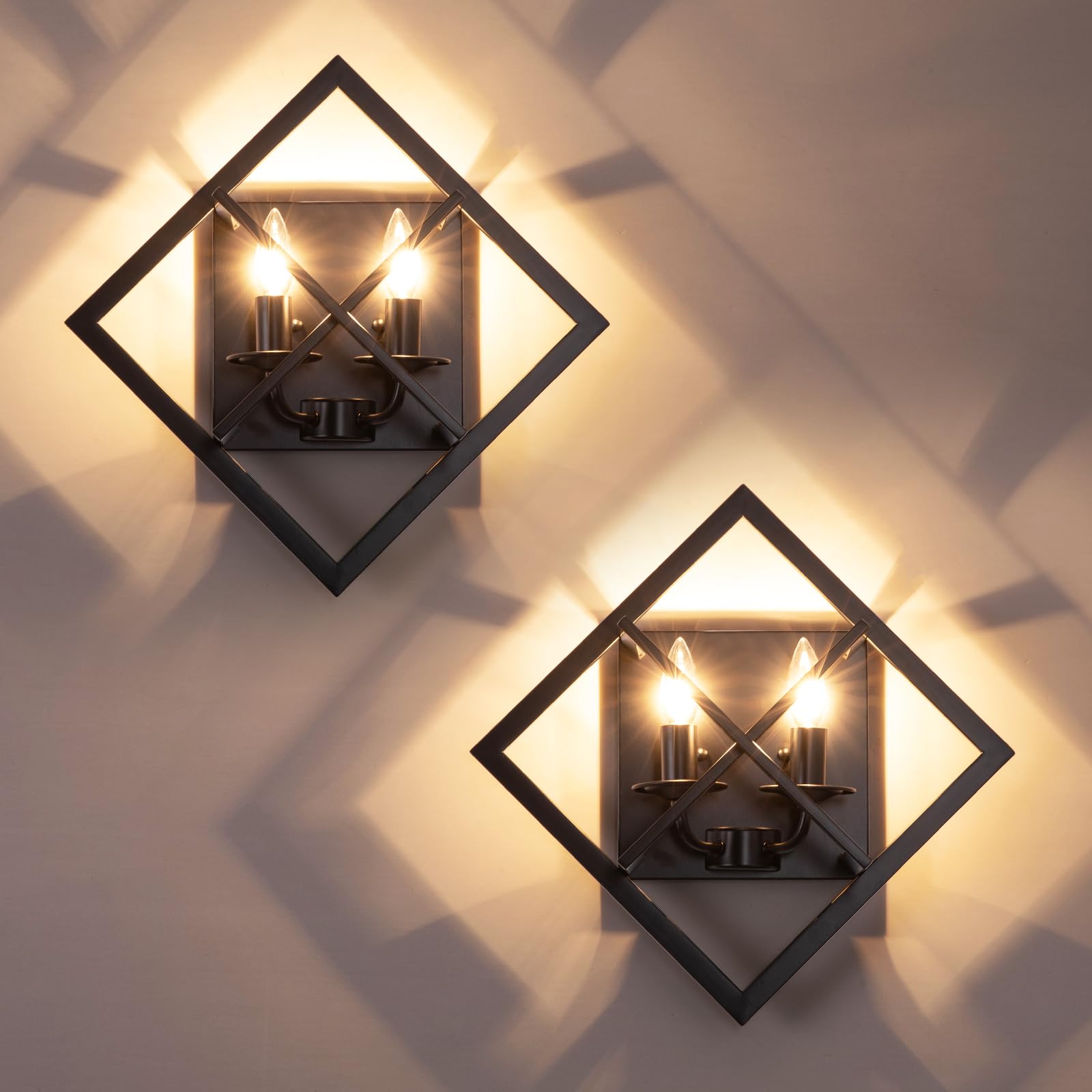 fengkeDU Farmhouse Wall Sconce 2-Light Black Metal Geometric Design Set of 2 - Hardwired Industrial Wall Lamp for Living Room, E