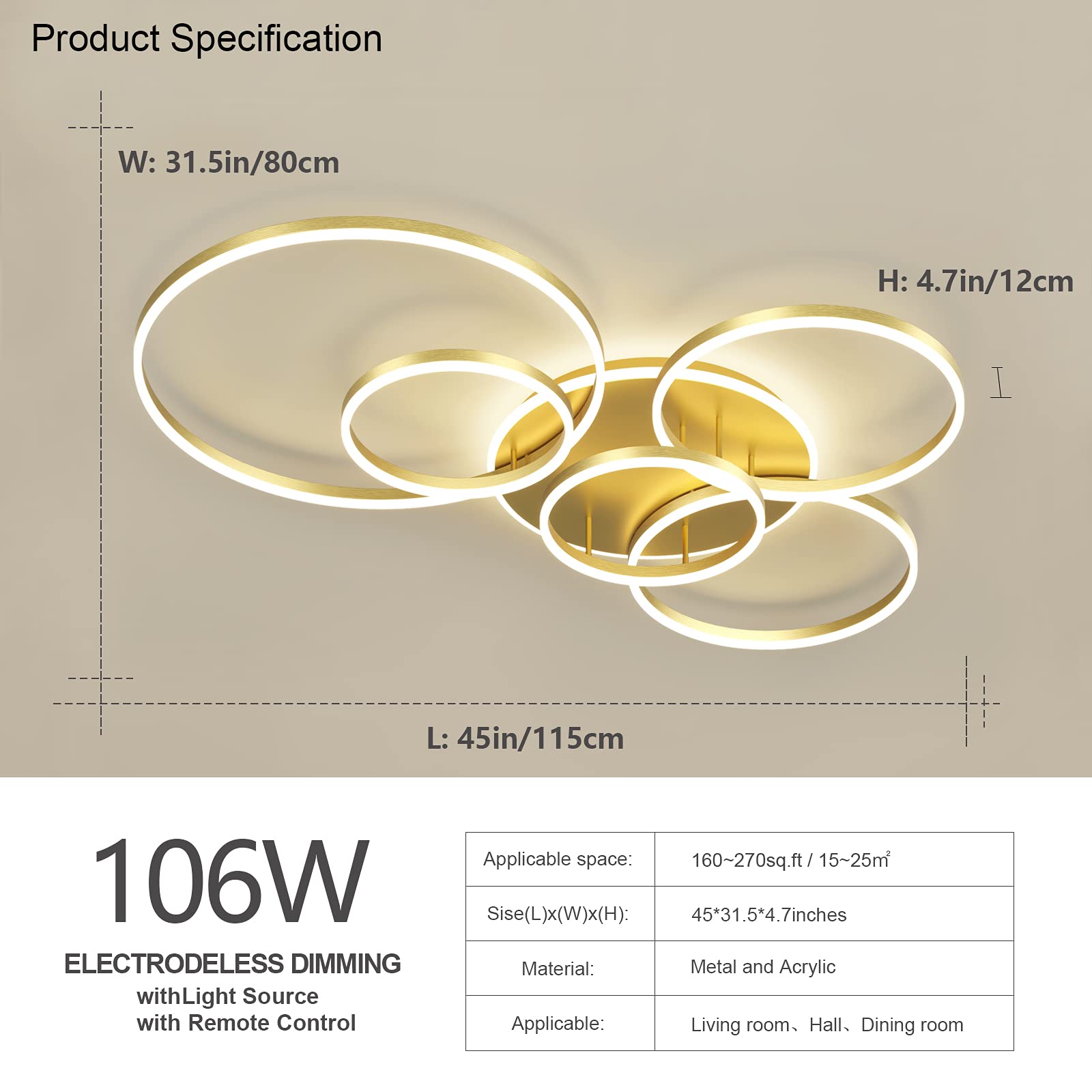 Modern Led Ceiling Light 106W Dimmable Led Acrylic Ceiling Lamp With Remote Control 6 Rings Flush Mount Ceiling Light Gold Ceili