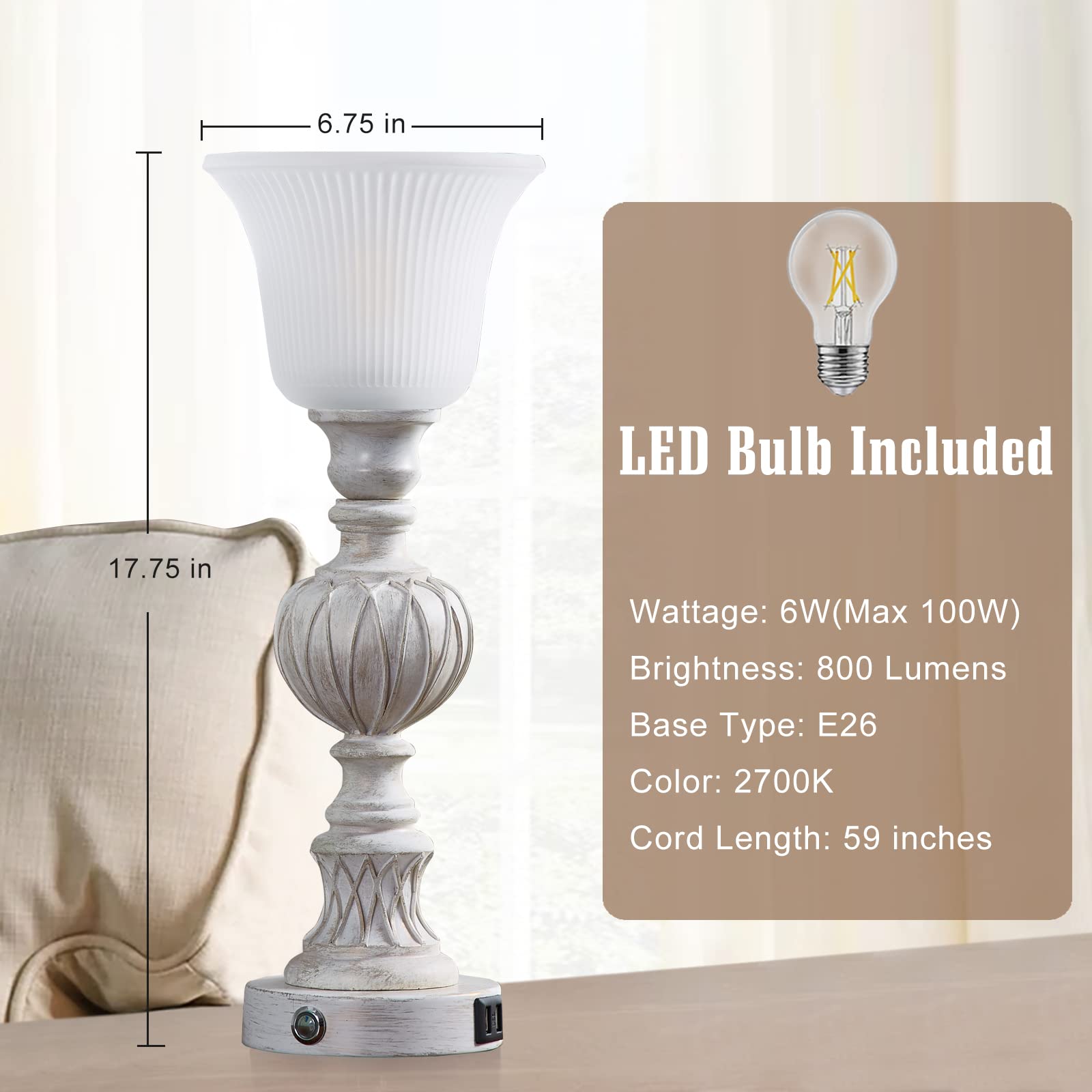 Luvkczc Touch Tall Lamps Set of 2, 18in Rustic Resin Table Lamps with Glass Shade for Bedroom & Living Room, Model 84008B-01