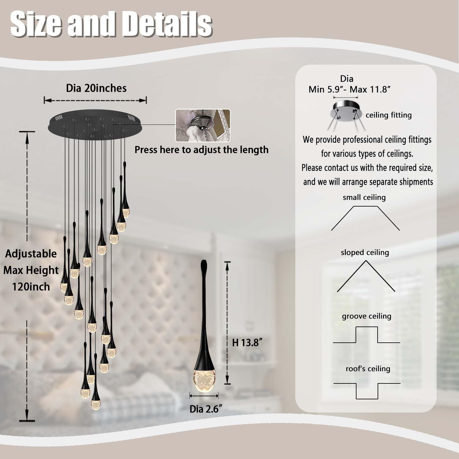 Ykolupty 120'' Bubble Crystal Raindrop Chandeliers 16-Lights Black Long Staircase Foyer High Ceiling Loft Slanted Led Dimmable Ceiling Fixtures