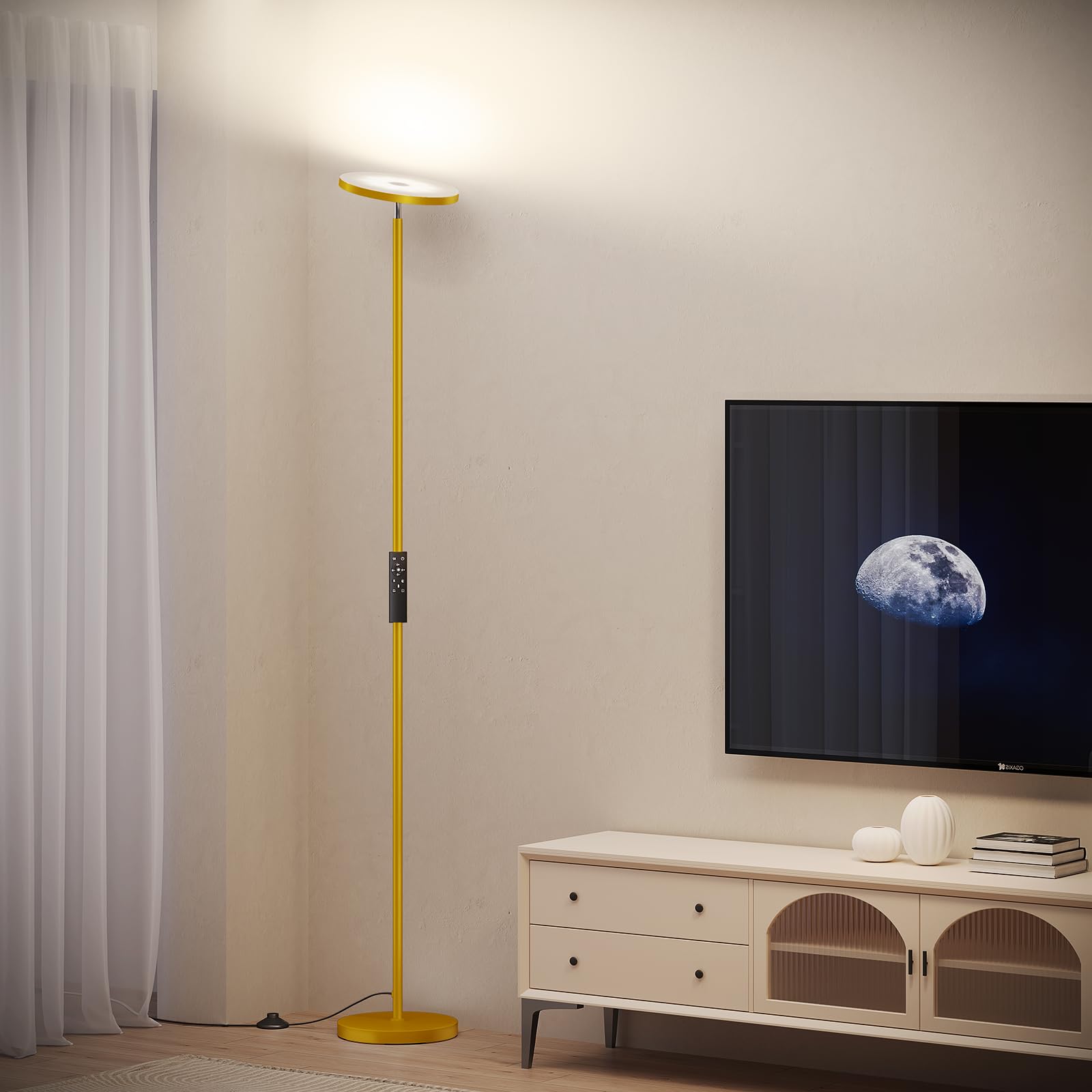 SUNMORY LED Floor Lamp, 32W Super Bright, Remote Control, 69in Tall, Gold, Model FLD-032-XR