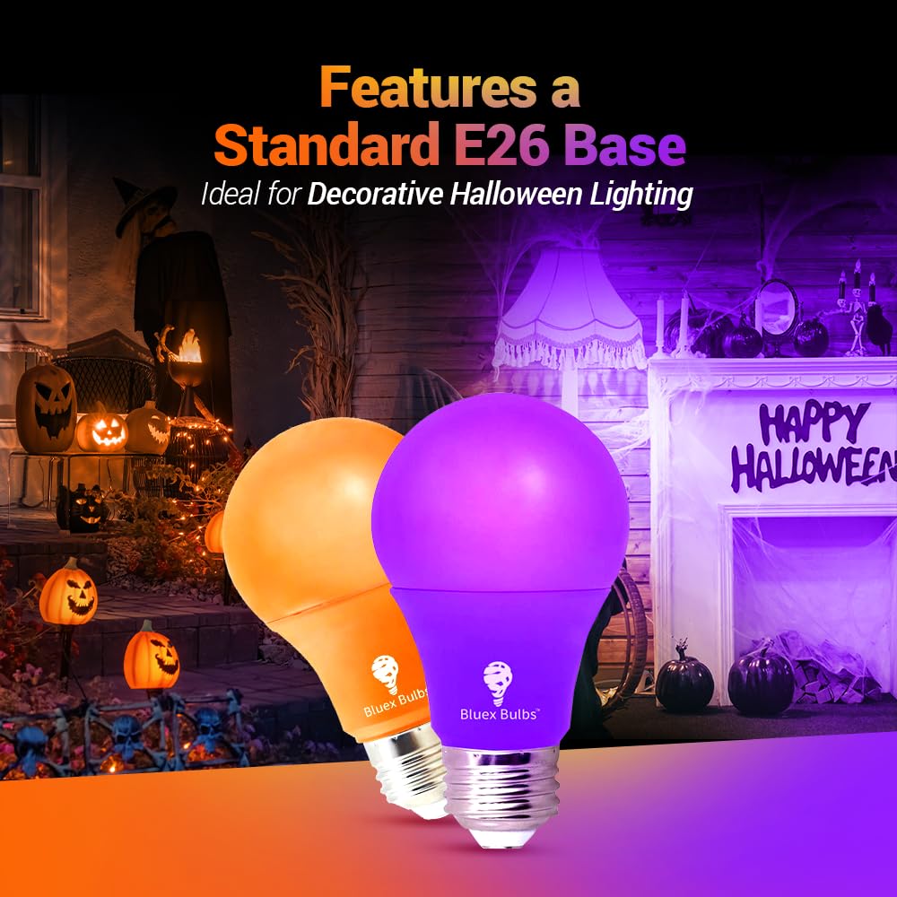 Bluex Bulbs A19 LED Light Bulb 9W (60W Equivalent) 6 Pack Orange Purple, E26 Base, Party Decoration, Home Lighting