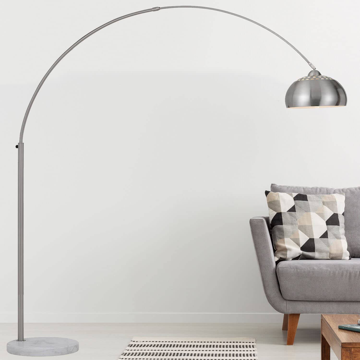 AF Lighting Orb Adjustable Plug-in Floor Lamp with Online Foot Switch, Marble Base and Brushed Nickel Metal Globe Shade for Home