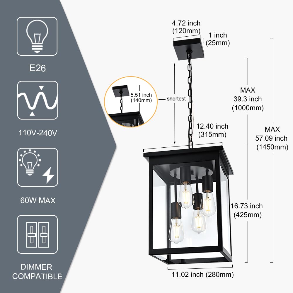 Todoluz Large Outdoor Pendant Light Fixtures, 4-Lights Black Exterior Ceiling Hanging Lanterns With Clear Glass, Farmhouse Outdo