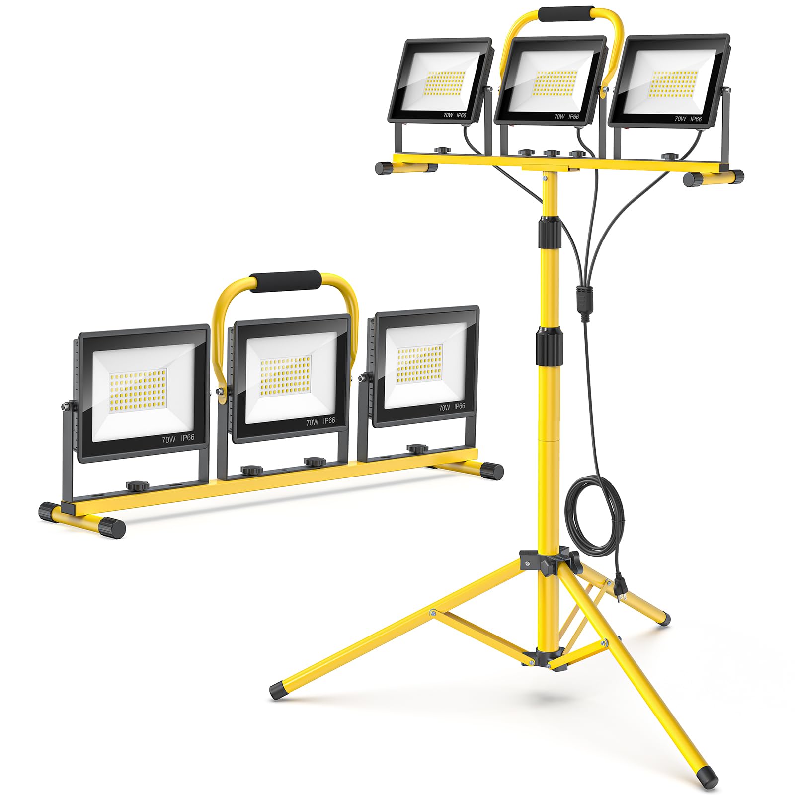21000LM LED Work Lights with Stand: 3 Head Portable Work Light with 16.5FT Cord - IP66 Waterproof Height-Adjustable Tripod Workl