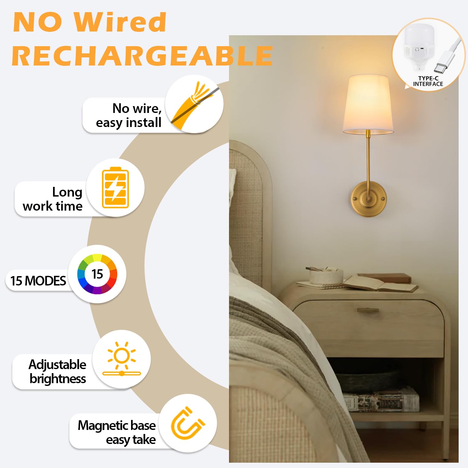 PASSICA DECOR Rechargeable Wall Sconces Set of 2, Antique Brass, Dimmable LED, 15 Colors, Remote Control, Model U102-02-DP