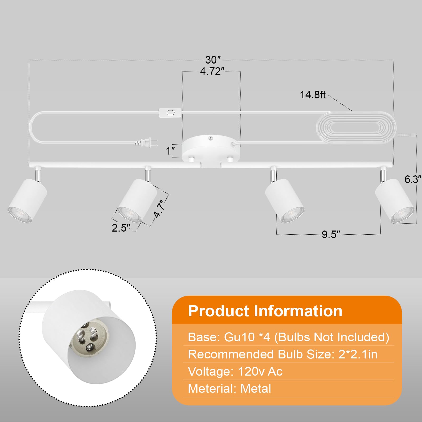 Track Lighting Plug In  Led Track Lighting Fixtures Ceiling Kit  White 4-Light Ceiling Light Plug-In  Wall Light With 14.8Ft Power Cord  Rotatable Kitchen Spotlight For Bedroom(Gu10 Socket  No Bulb)
