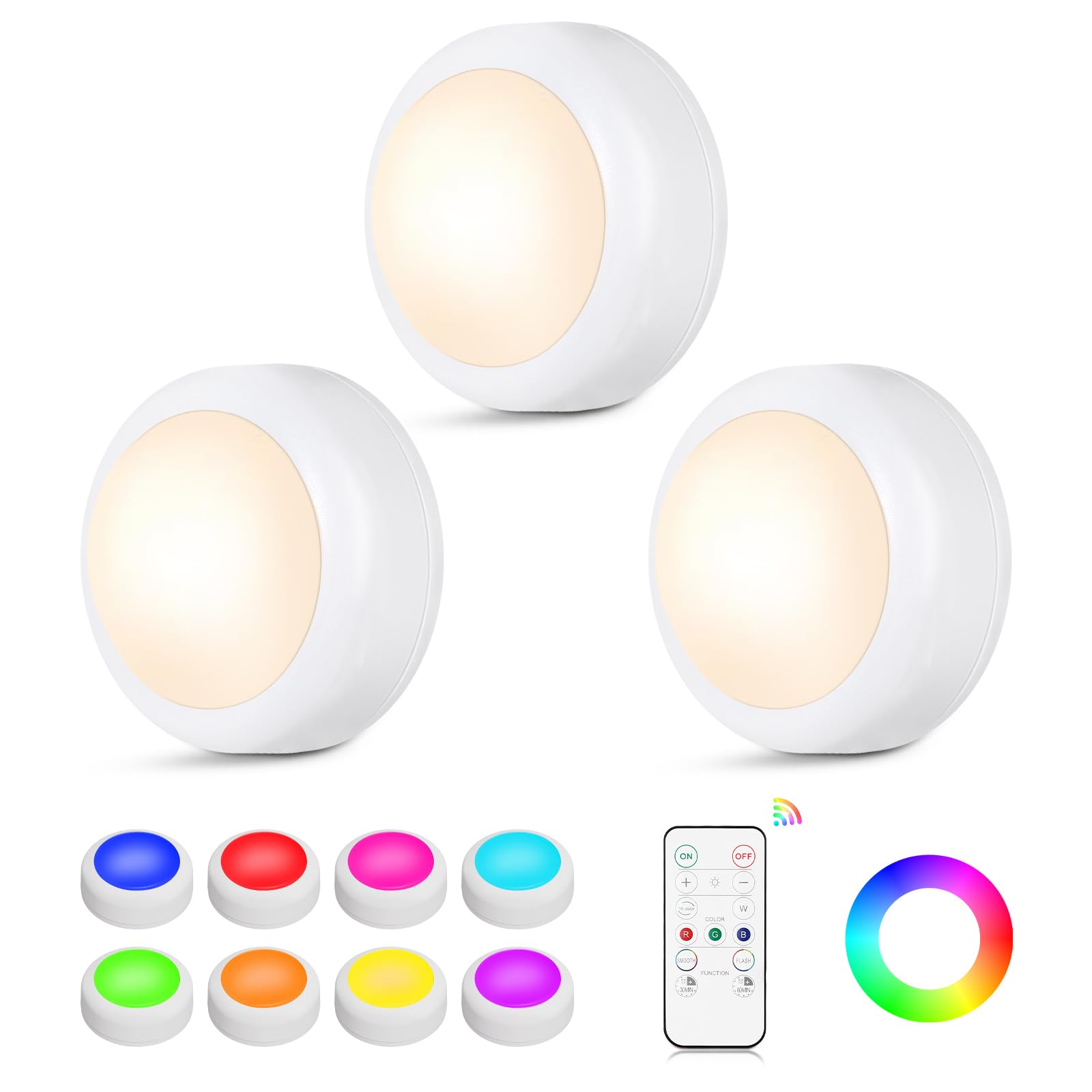 Ahuledlight LED Puck Lights with Remote Control, 16 Color Changing Under Cabinet Lighting with Dimmer & Timer, AAA Battery Opera