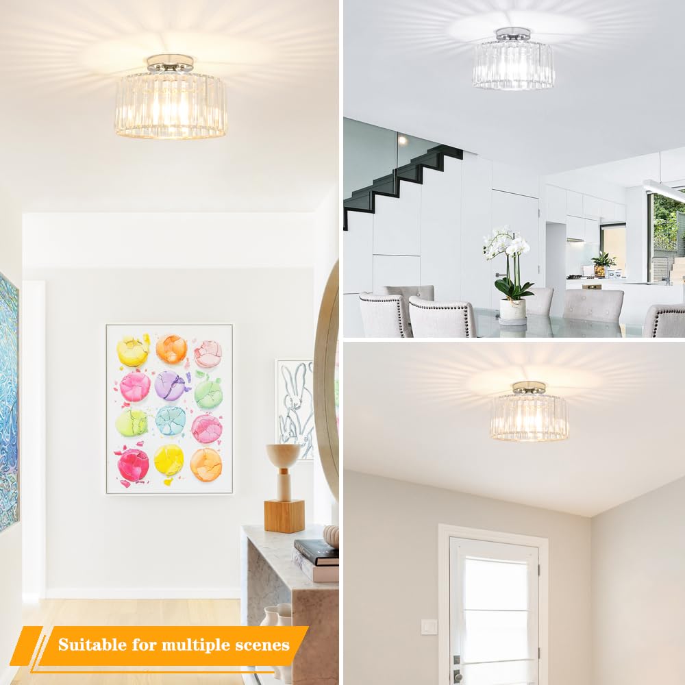 Crystal Ceiling Light Fixture, Chrome Close To Ceiling Light Fixtures, Modern Semi Flush Mount Ceiling Light, Hallway Lighting F