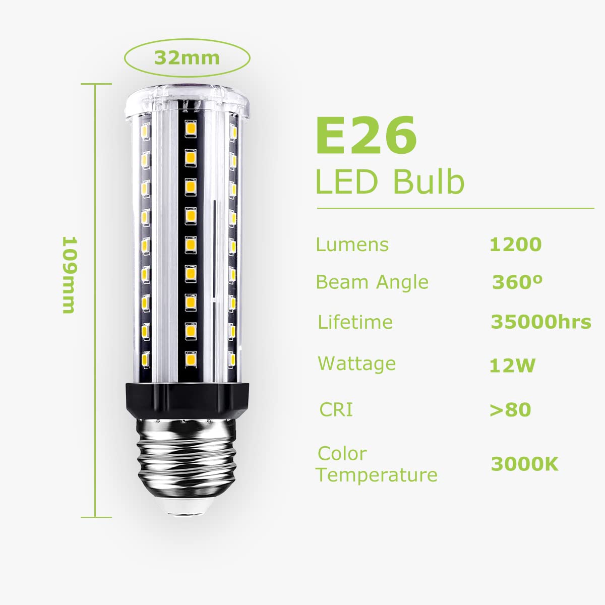 Wenscha 12W Led Corn Light Bulb 100W Equivalent 1200 Lumen 3000K Warm White E26 Light Bulb Base Non-Dimmable Ceiling Fan Corn Li