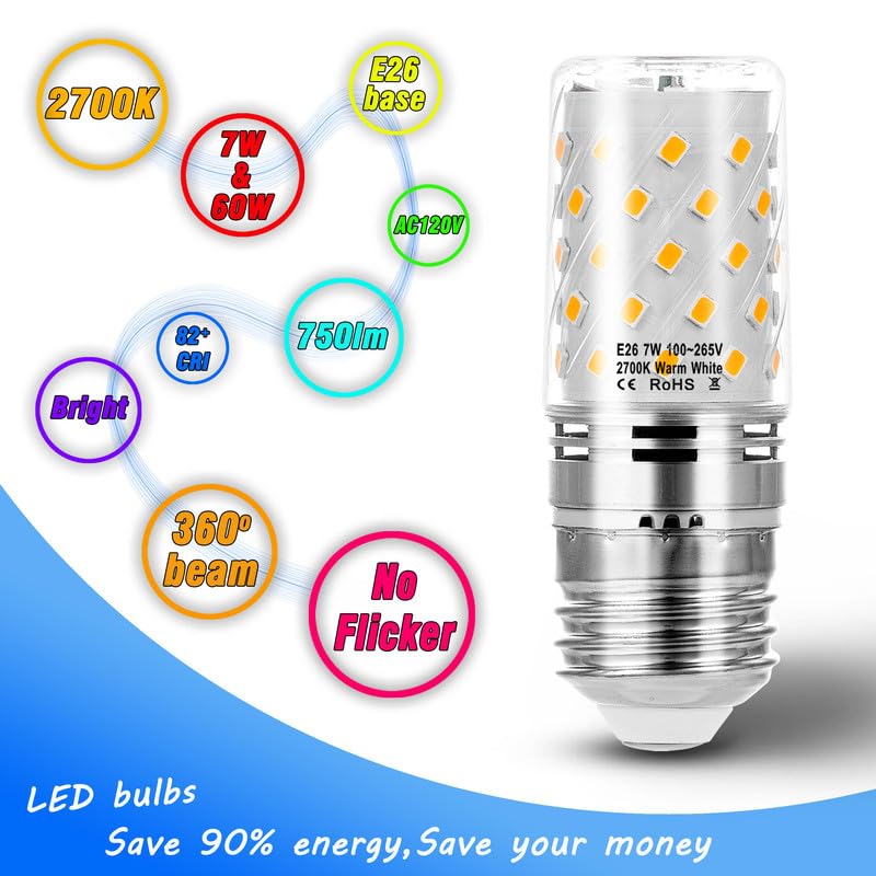 Heifymi E26 60W Equivalent Led Candelabra Bulbs, E26 7W Led Candle Light Bulbs 750Lm, 2700K Soft Warm White E26 Base Chandelier