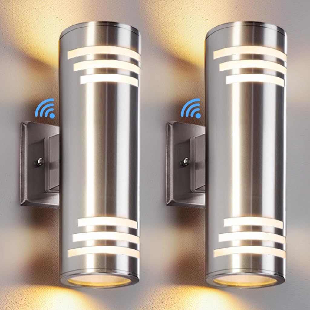 SHIMR Modern Outdoor Wall Lights Dusk to Dawn 2 Pack, Exterior Lighting Fixtures Stainless Steel with Brushed Nickel Finsh, Wate