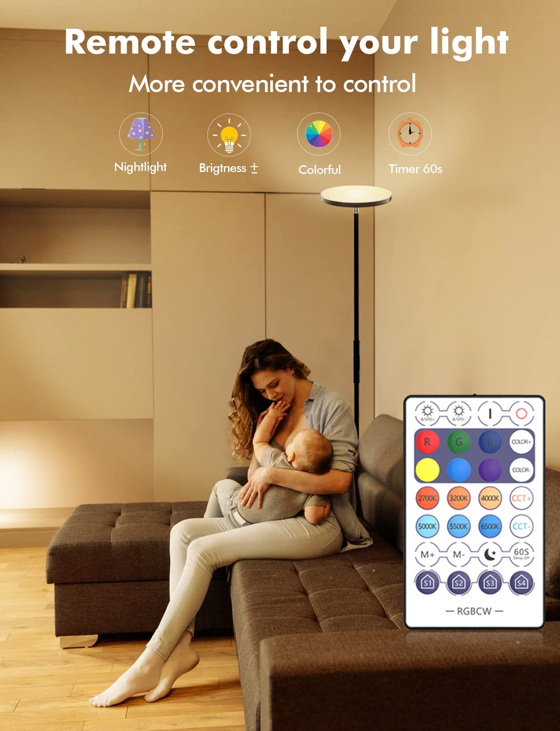 YHW Smart RGB Floor Lamp - 2000LM Color Changing Torchiere, WiFi/Alexa Compatible, Modern Design, Black, Model: ZJ-BWFL-RGBWW-CM