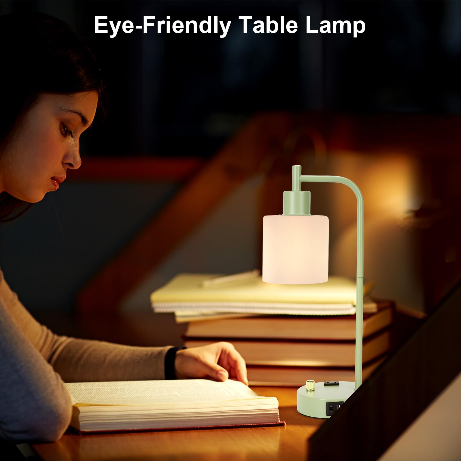 Gliti Industrial Table Lamp Desk Lamp, Stepless Dimmable Desk Lamp With 2 Usb Ports And Ac Power Outlet, Frosted Glassshade, Eye