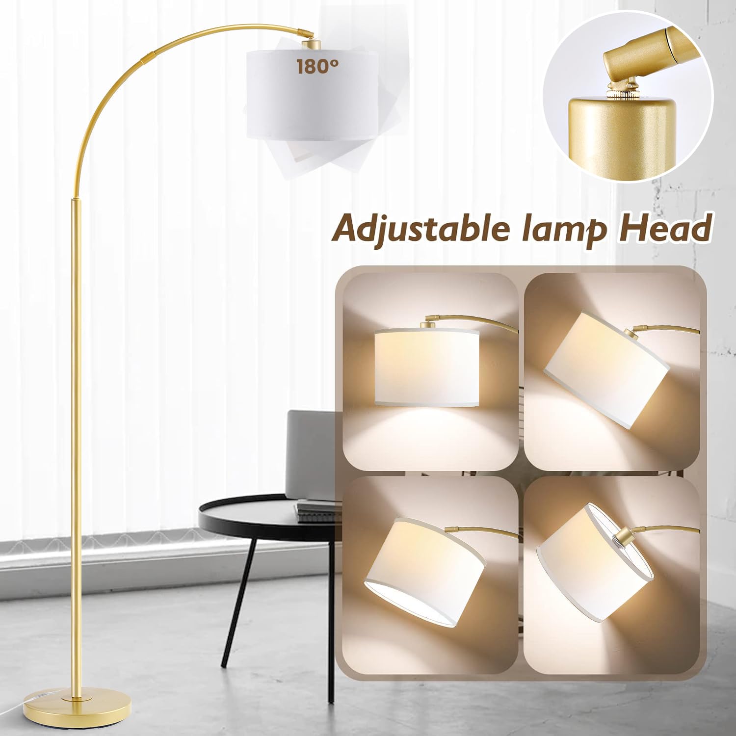 Arc Floor Lamps For Living Room, Modern Remote Control Standing Flamp With Stepless Dimmable, Gold Tall Lamp With White Drum Sha
