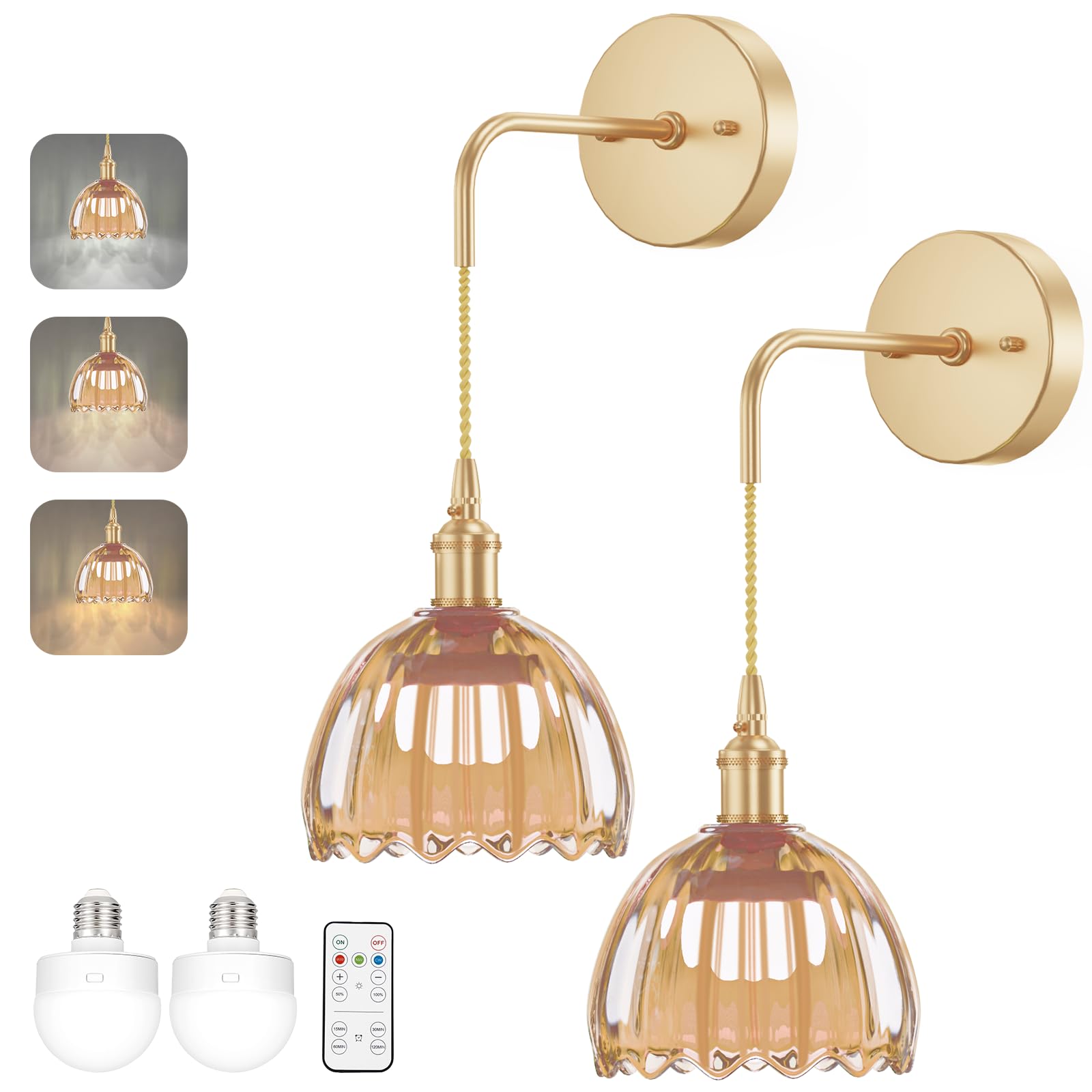 Kavedod Battery Operated Wall Sconces Cct Dimmable Wireless Sconces Set Of 2, Vintage Light Fixture With Amber Tulip Glass Lamps