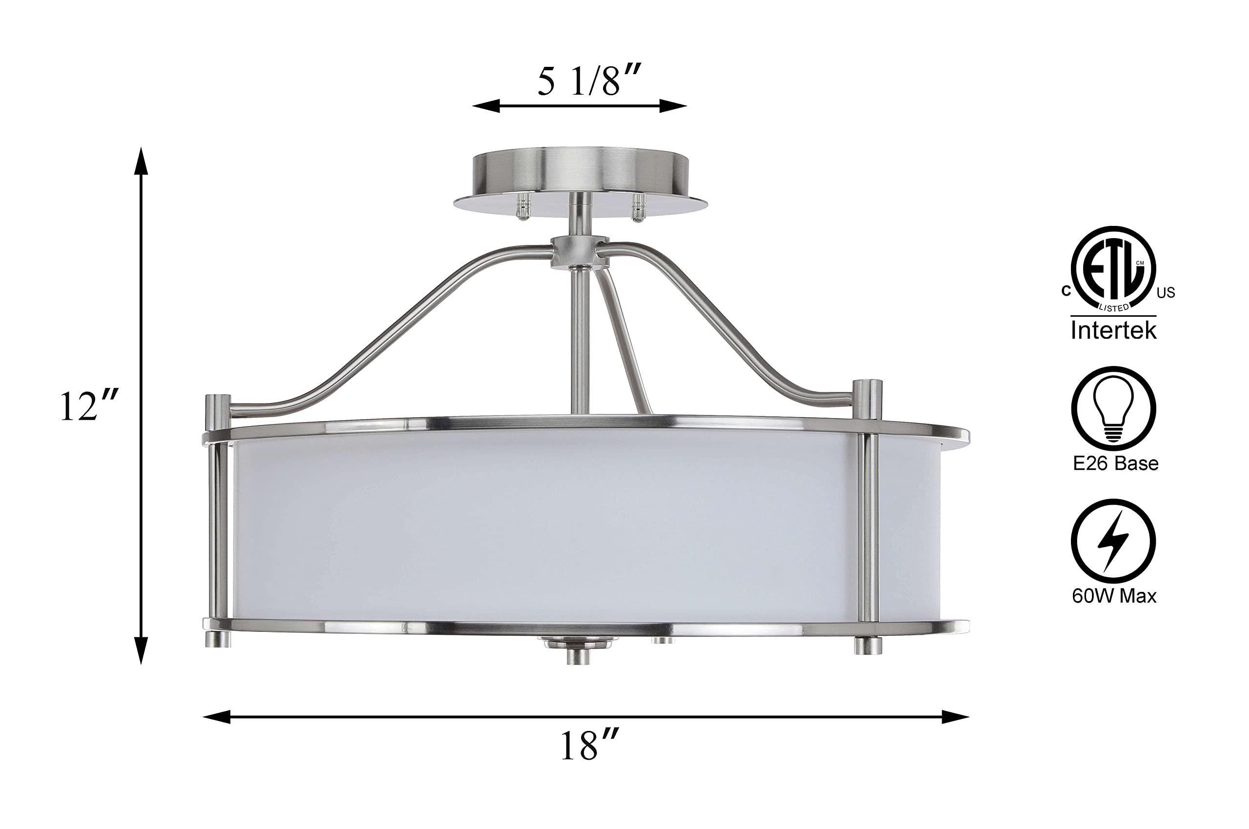 Xinbei Lighting Semi Flush Mount Ceiling Light 18 Inch 3 Light Close To Ceiling Light With Fabric Shade And Glass Diffuser, Brus