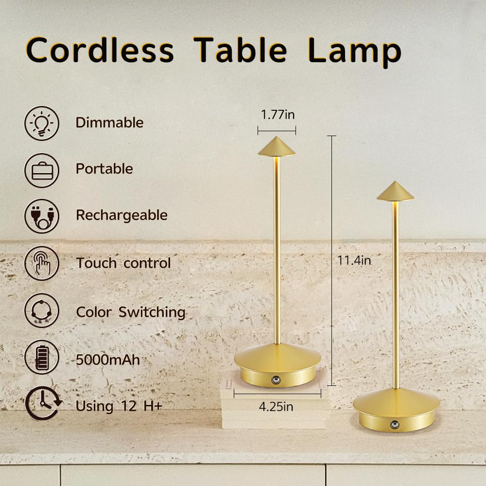 Simisand Cordless Table Lamp, 6000mAh Rechargeable LED, Portable Design, Standard Size, Gold, Model 1809-2Gold-A