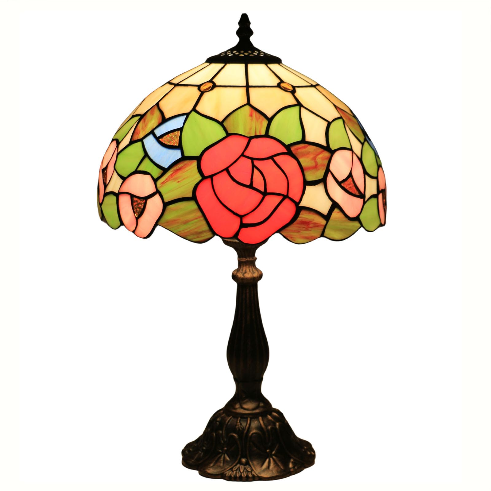 Tuomoxte Tiffany Style Table Lamp, Stained Glass Bedside Lamp, Handmade Antique Desk Lamp, Red Rose Pattern, For Living Room Bed
