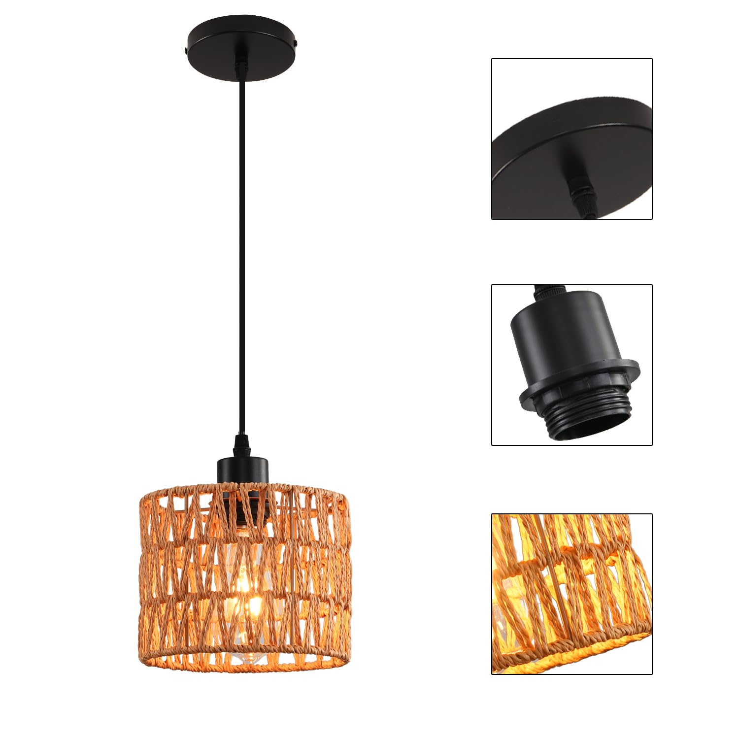 KENMI Woven Pendant Light - Boho Chandelier, Metal, 2 Pack Brown, Model P282, Hand Woven Wicker Shade for Kitchen Island, Farmhouse Decor