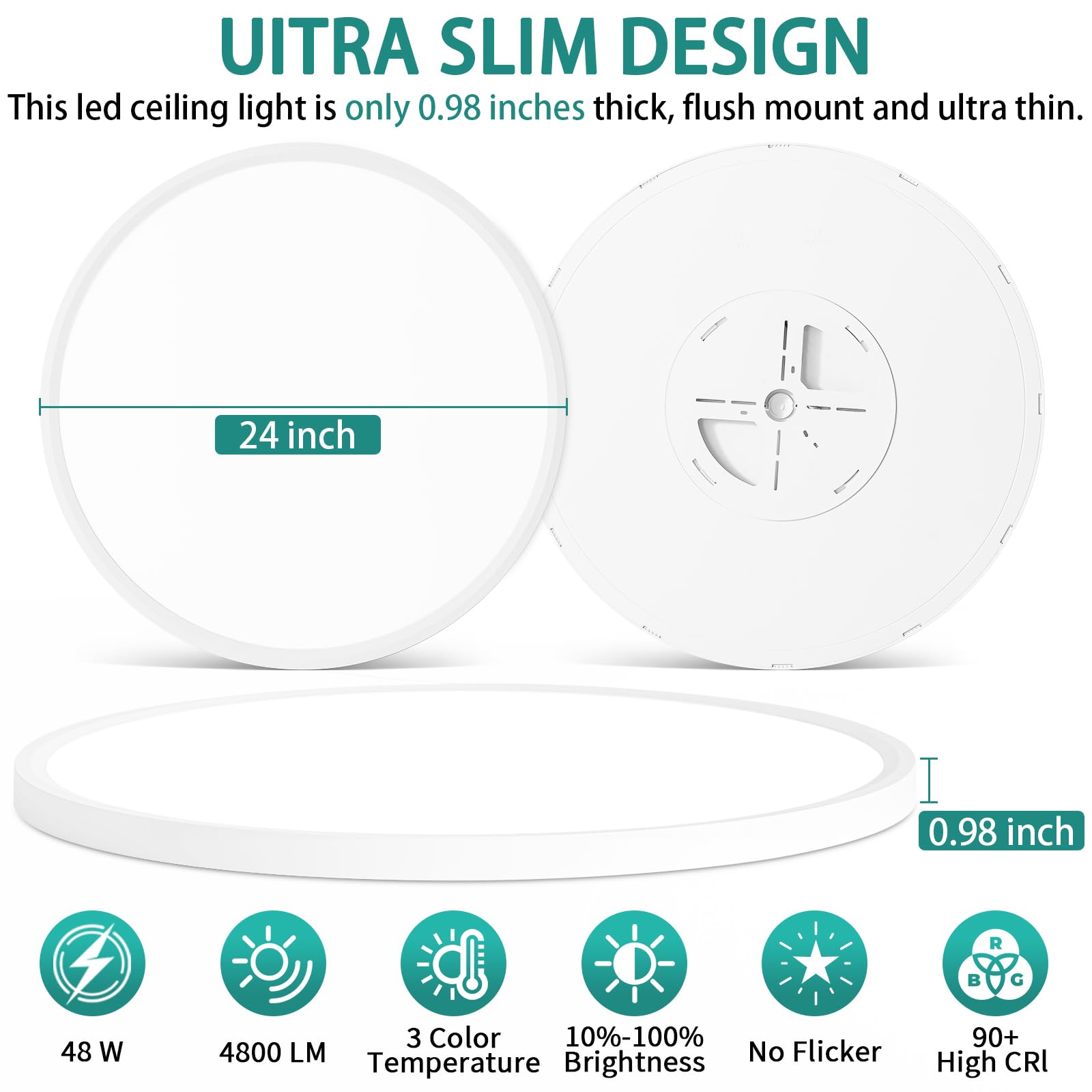 24 Inch Dimmable Led Ceiling Light Fixture, Ultra Thin Flush Mount, 48W 4800Lumen, 3 Color Changeable, Round, White, For Dining