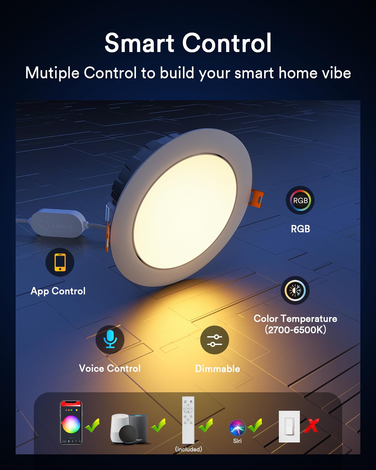 Lumary Smart Gimbal Recessed Lighting 6 Inch, RGBWW WiFi, Alexa/Google Compatible, 1000lm, 4Pack, Plastic, Model L-GL6A4