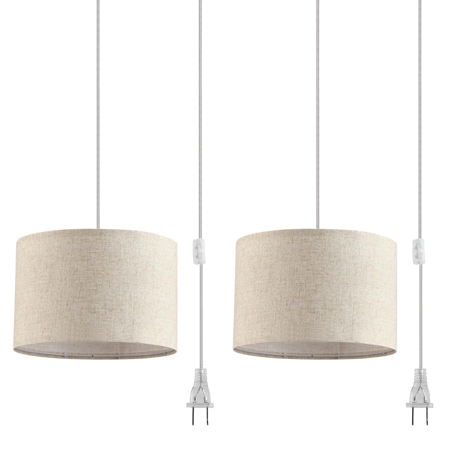 Ihengyanlt 2 Pack Plug In Pendant Light, Hanging Light With 15Ft Clear Cord, On/Off Switch, Beige Linen Fabric Lamp Shade, Hanging Light Fixture For Bedroom, Kitchen, Living Room, Dining Table